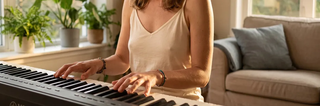Eine Frau spielt mit beiden Händen auf einem Keyboard.