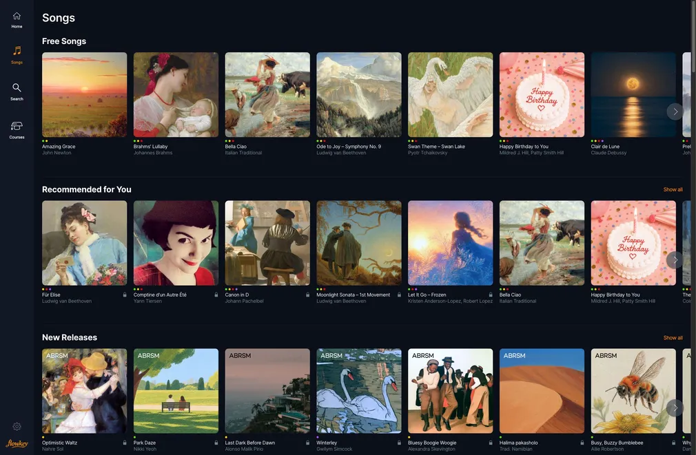 flowkey-Songbibliothek mit kostenlosen Stücken wie Bella Ciao und Happy Birthday sowie gesperrten weiteren Empfehlungen.
